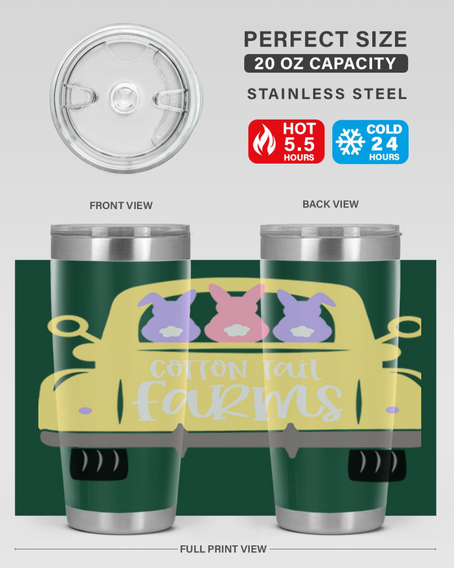 Cotton Tail Farms 20oz Easter Tumbler featuring double wall vacuum stainless steel construction and vibrant Easter-themed design.