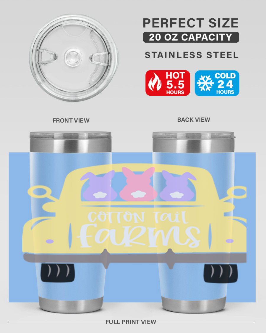 Cotton Tail Farms 20oz Easter Tumbler featuring double wall vacuum stainless steel construction and vibrant Easter-themed design.