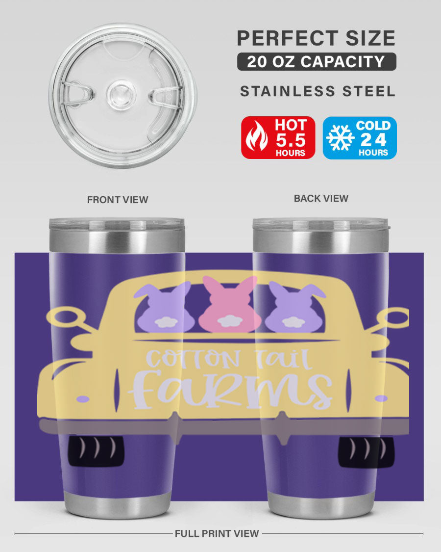 Cotton Tail Farms 20oz Easter Tumbler featuring double wall vacuum stainless steel construction and vibrant Easter-themed design.