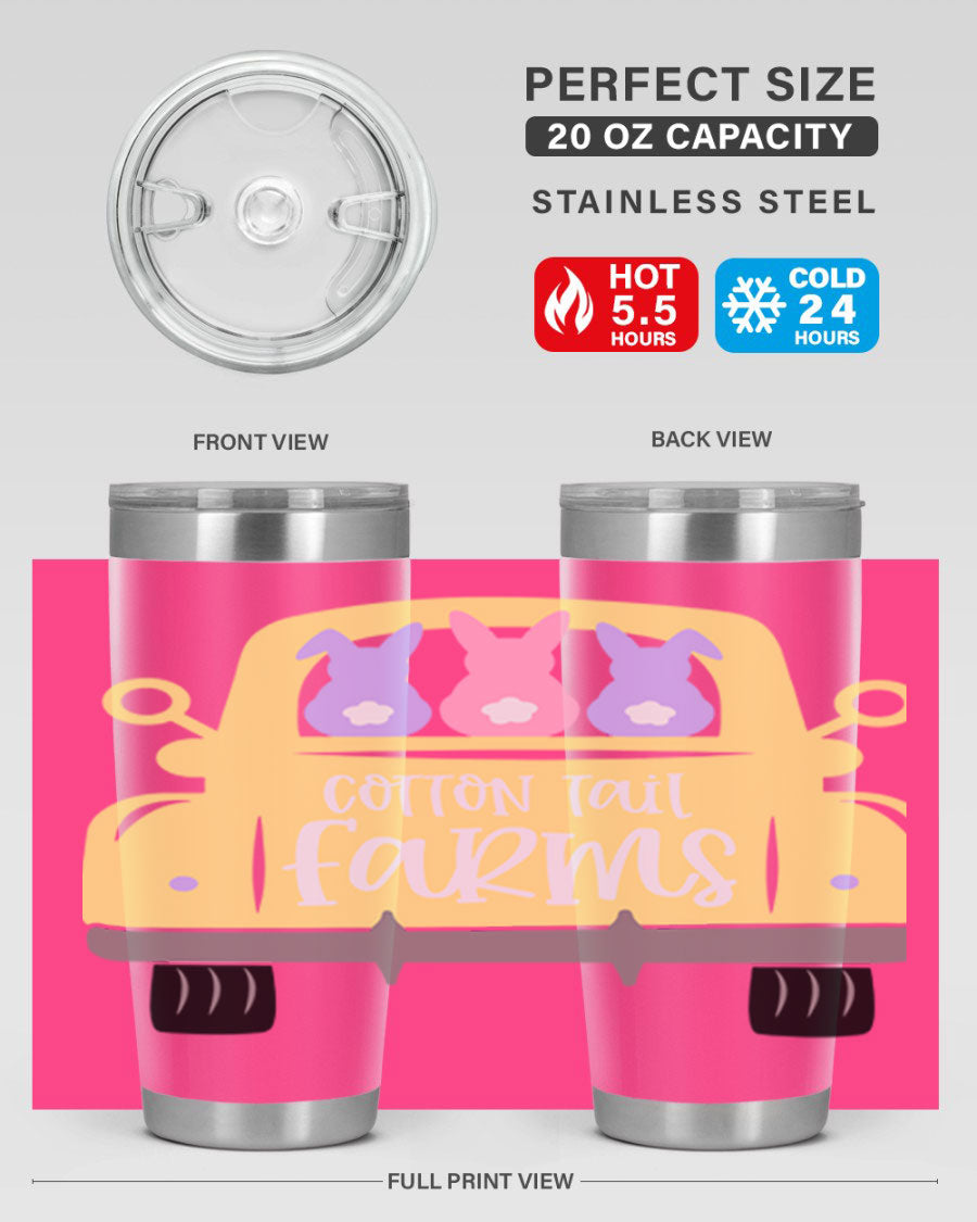 Cotton Tail Farms 20oz Easter Tumbler featuring double wall vacuum stainless steel construction and vibrant Easter-themed design.