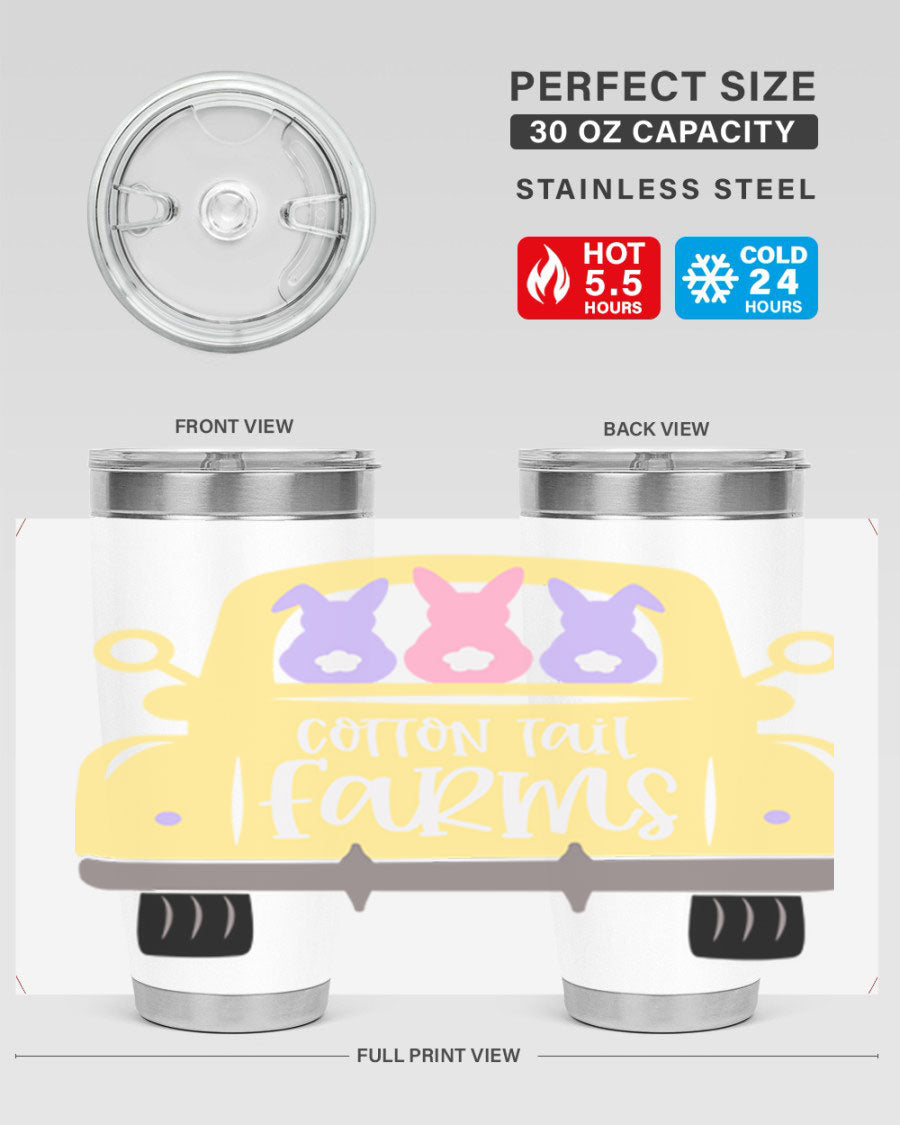 Cotton Tail Farms 20oz Easter Tumbler featuring double wall vacuum stainless steel construction and vibrant Easter-themed design.