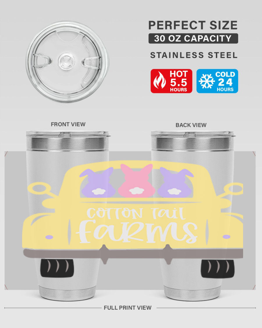 Cotton Tail Farms 20oz Easter Tumbler featuring double wall vacuum stainless steel construction and vibrant Easter-themed design.