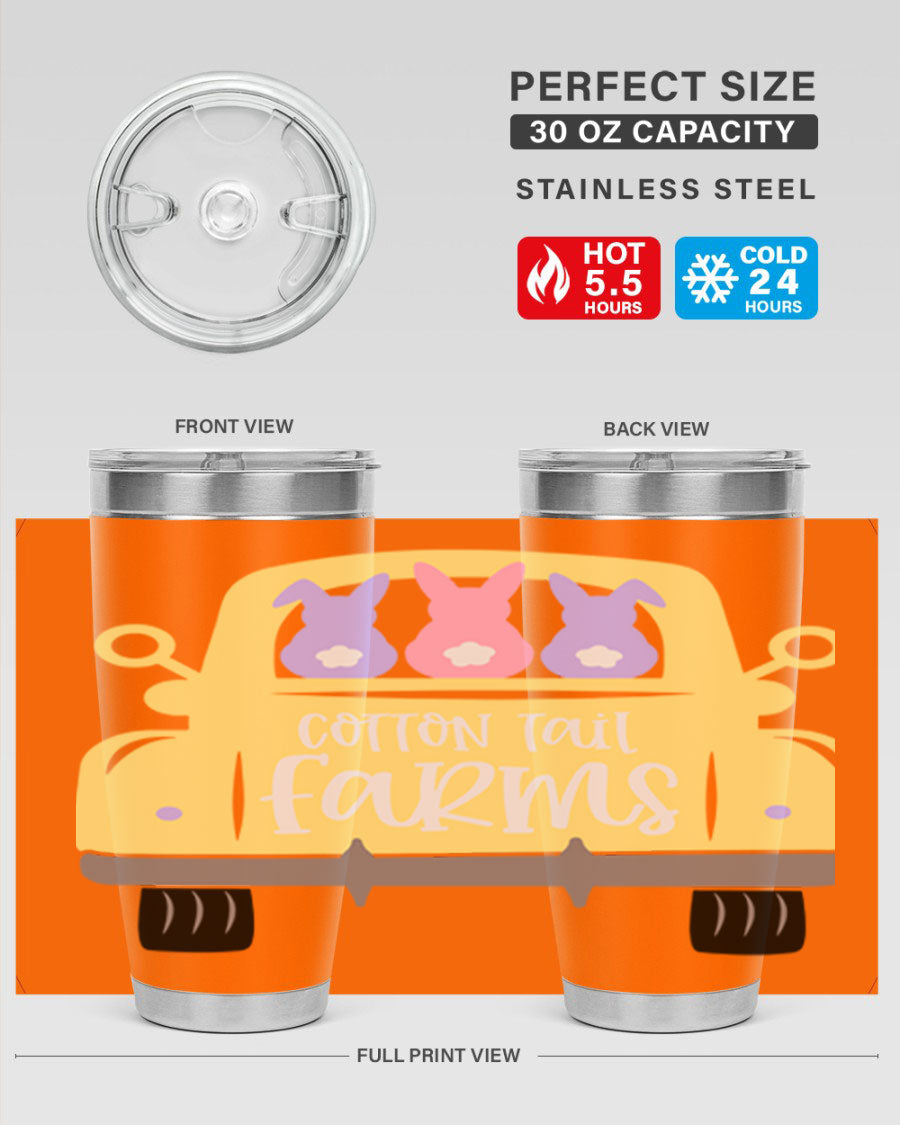 Cotton Tail Farms 20oz Easter Tumbler featuring double wall vacuum stainless steel construction and vibrant Easter-themed design.