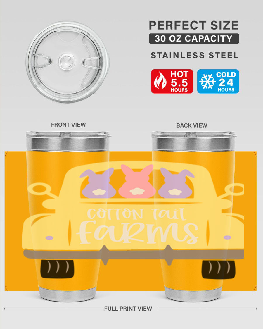 Cotton Tail Farms 20oz Easter Tumbler featuring double wall vacuum stainless steel construction and vibrant Easter-themed design.