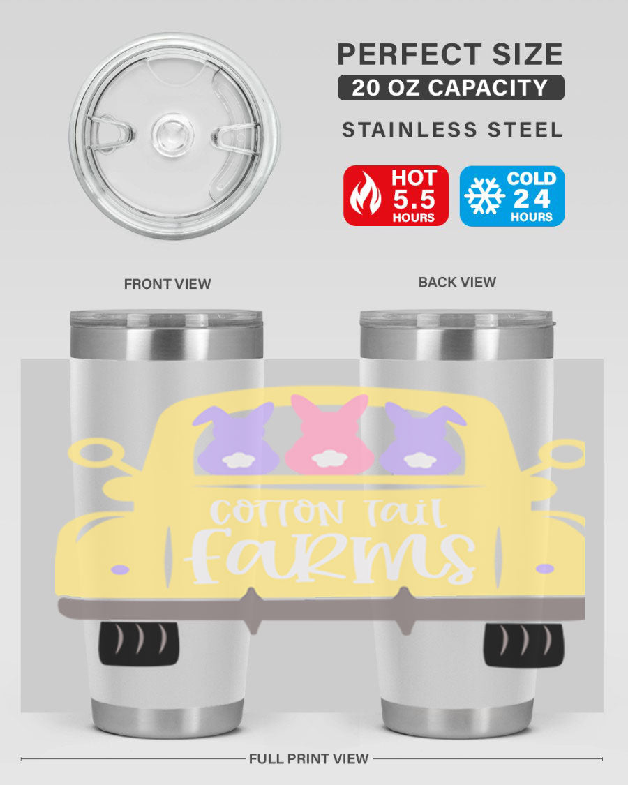 Cotton Tail Farms 20oz Easter Tumbler featuring double wall vacuum stainless steel construction and vibrant Easter-themed design.
