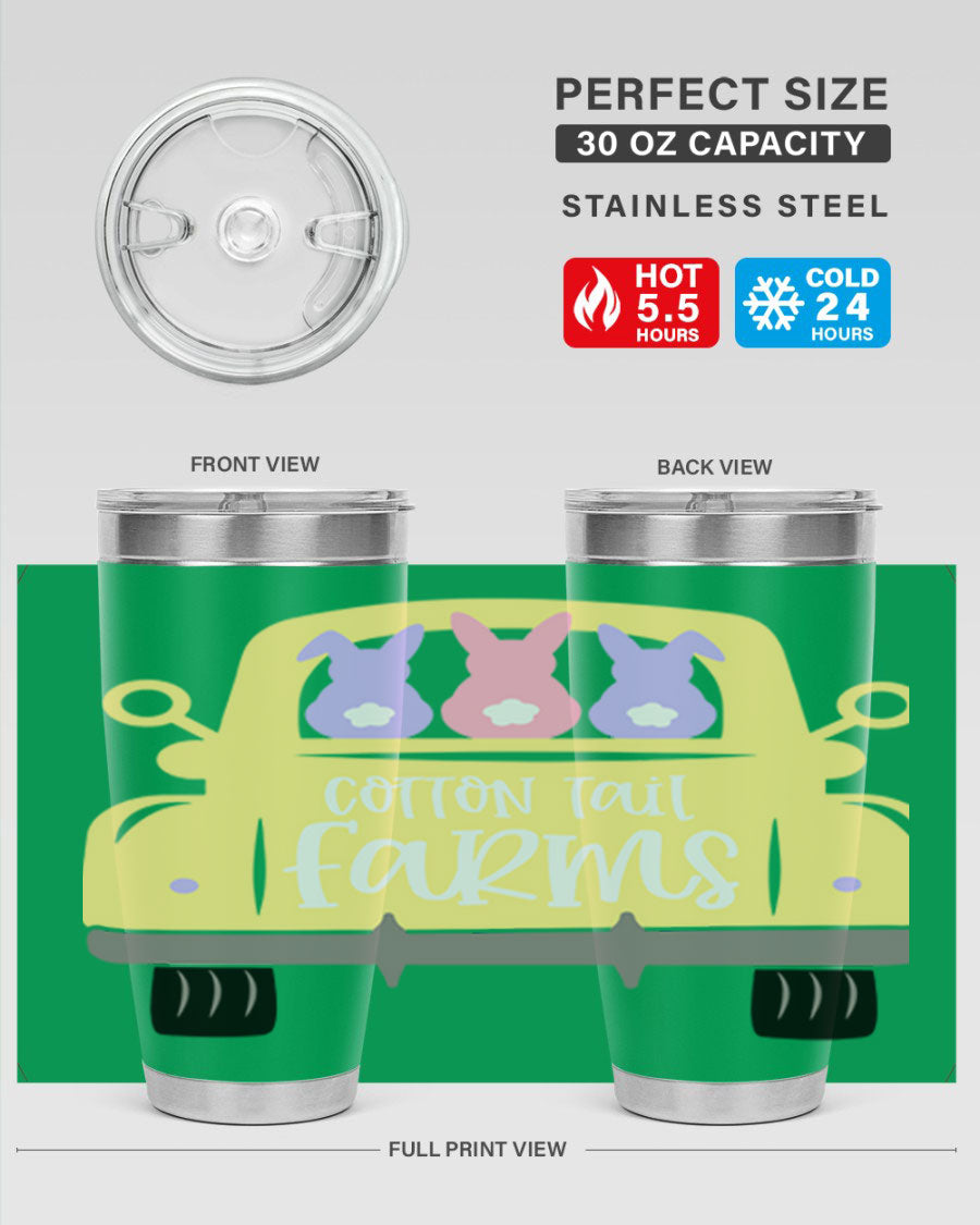 Cotton Tail Farms 20oz Easter Tumbler featuring double wall vacuum stainless steel construction and vibrant Easter-themed design.
