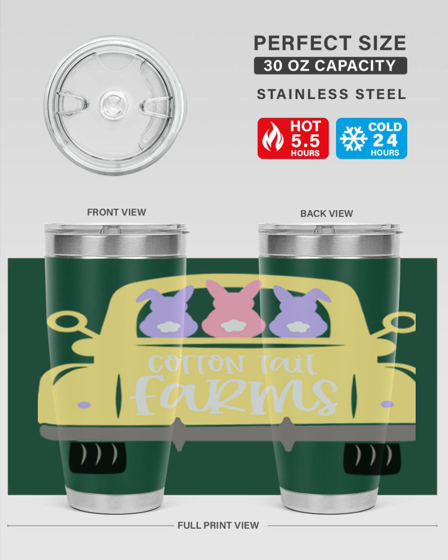 Cotton Tail Farms 20oz Easter Tumbler featuring double wall vacuum stainless steel construction and vibrant Easter-themed design.