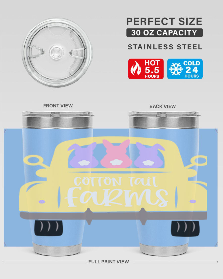 Cotton Tail Farms 20oz Easter Tumbler featuring double wall vacuum stainless steel construction and vibrant Easter-themed design.