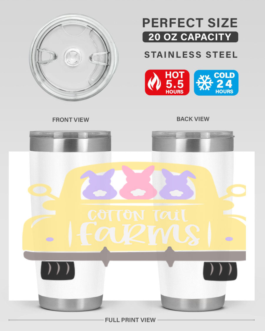 Cotton Tail Farms 20oz Easter Tumbler featuring double wall vacuum stainless steel construction and vibrant Easter-themed design.