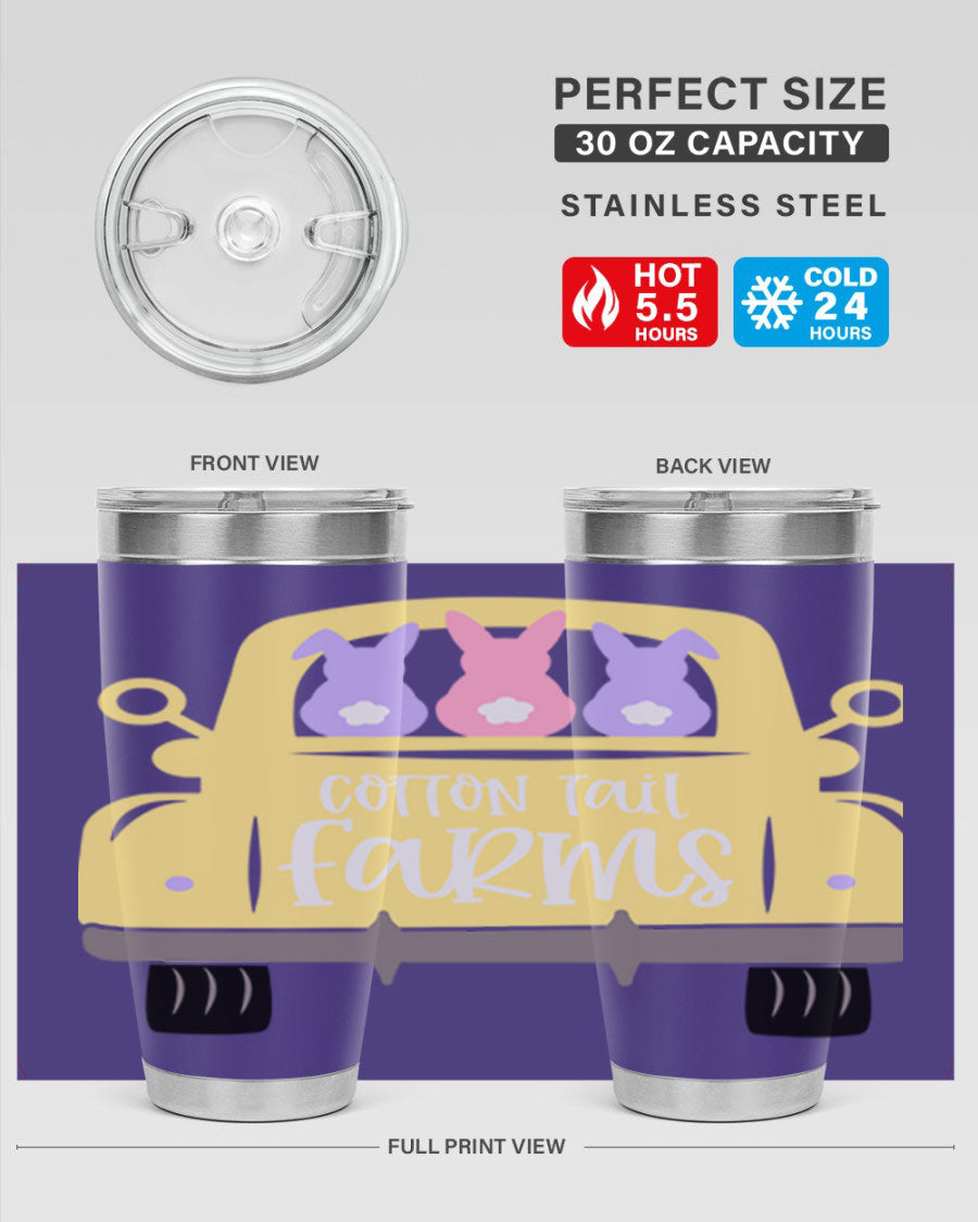 Cotton Tail Farms 20oz Easter Tumbler featuring double wall vacuum stainless steel construction and vibrant Easter-themed design.