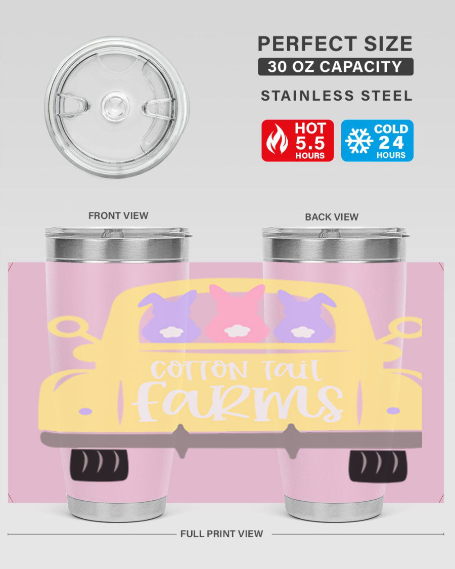 Cotton Tail Farms 20oz Easter Tumbler featuring double wall vacuum stainless steel construction and vibrant Easter-themed design.