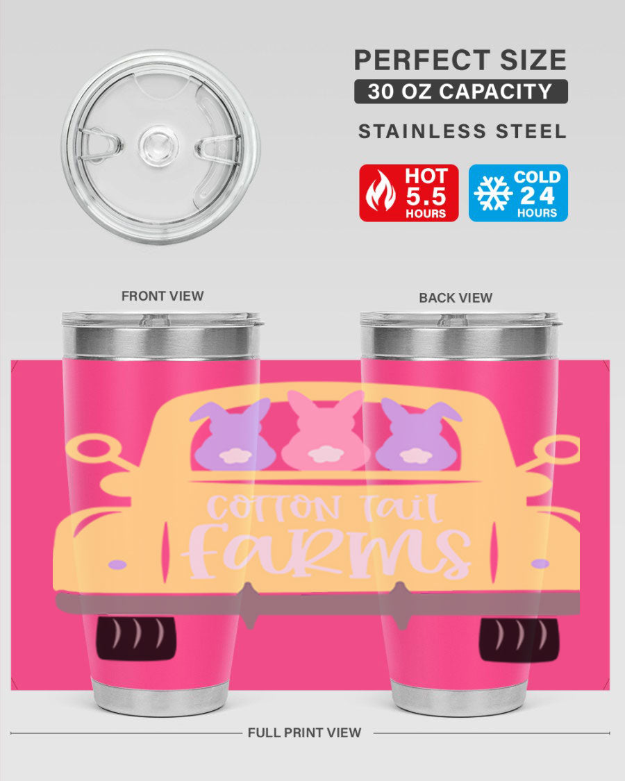 Cotton Tail Farms 20oz Easter Tumbler featuring double wall vacuum stainless steel construction and vibrant Easter-themed design.