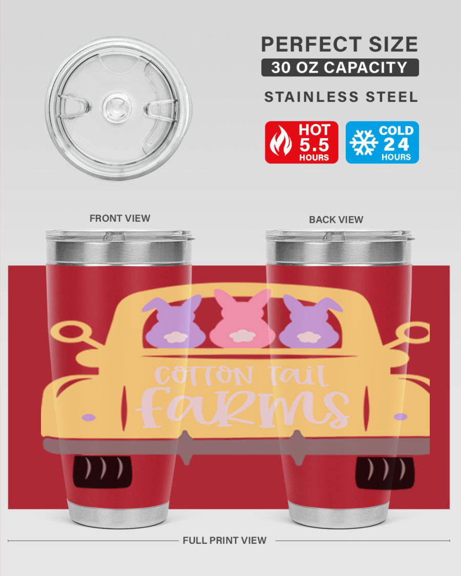 Cotton Tail Farms 20oz Easter Tumbler featuring double wall vacuum stainless steel construction and vibrant Easter-themed design.