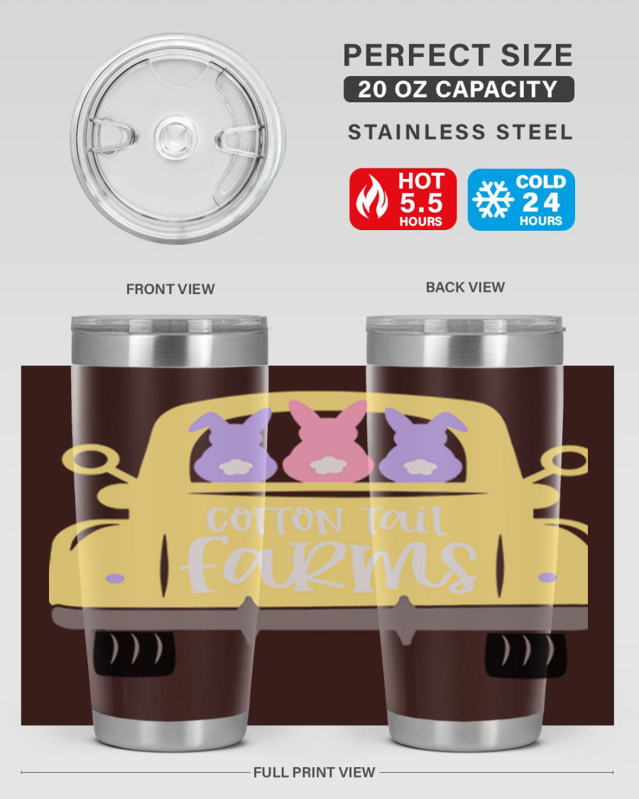 Cotton Tail Farms 20oz Easter Tumbler featuring double wall vacuum stainless steel construction and vibrant Easter-themed design.
