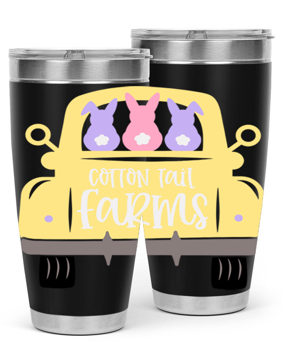 Cotton Tail Farms 20oz Easter Tumbler featuring double wall vacuum stainless steel construction and vibrant Easter-themed design.