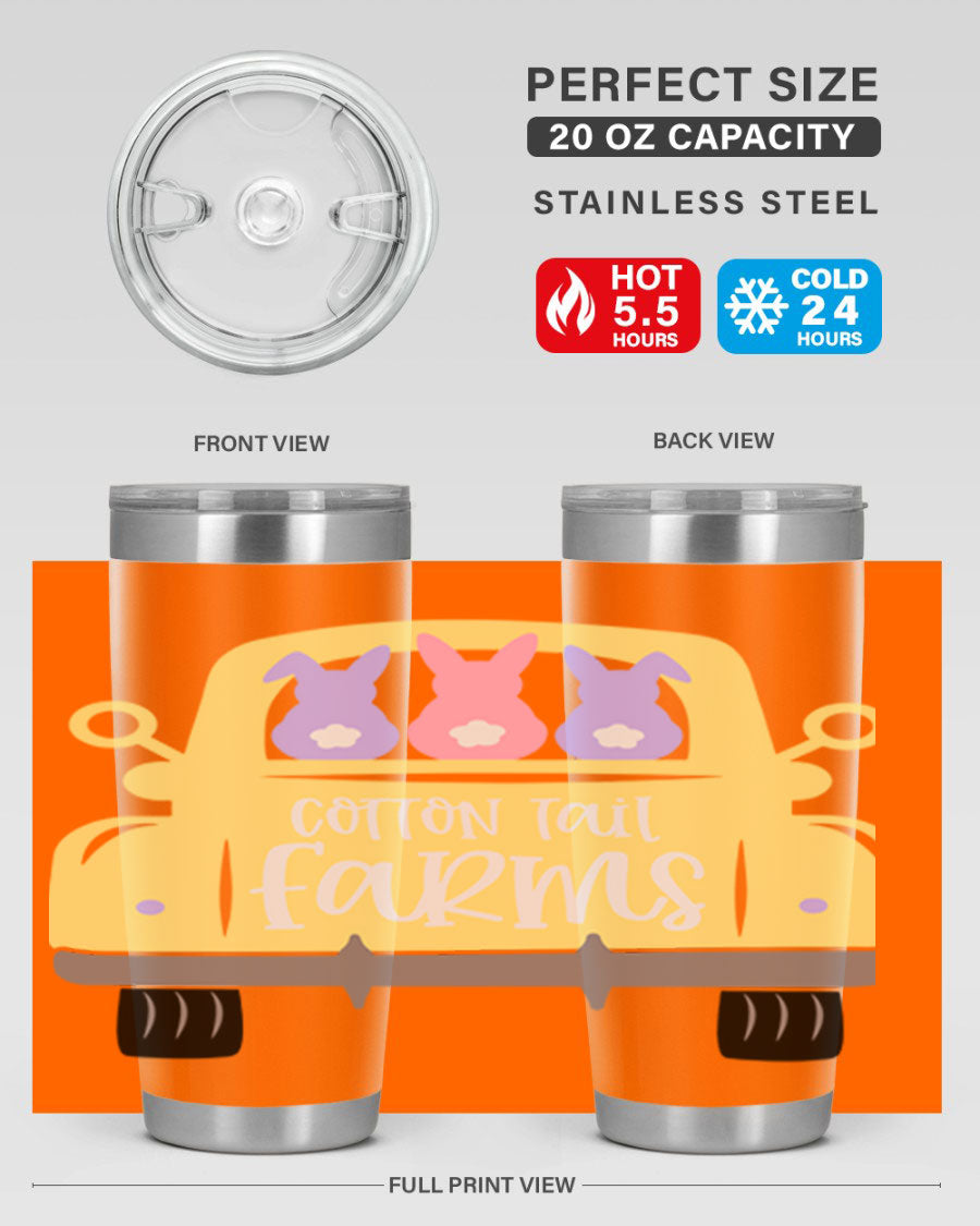 Cotton Tail Farms 20oz Easter Tumbler featuring double wall vacuum stainless steel construction and vibrant Easter-themed design.