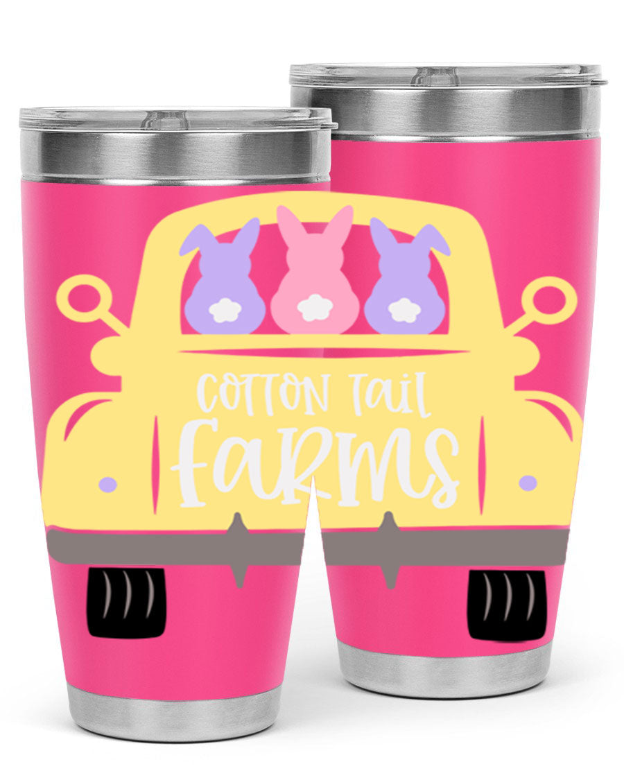 Cotton Tail Farms 20oz Easter Tumbler featuring double wall vacuum stainless steel construction and vibrant Easter-themed design.