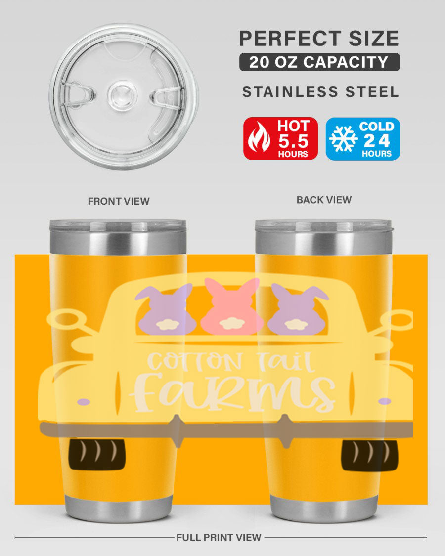 Cotton Tail Farms 20oz Easter Tumbler featuring double wall vacuum stainless steel construction and vibrant Easter-themed design.