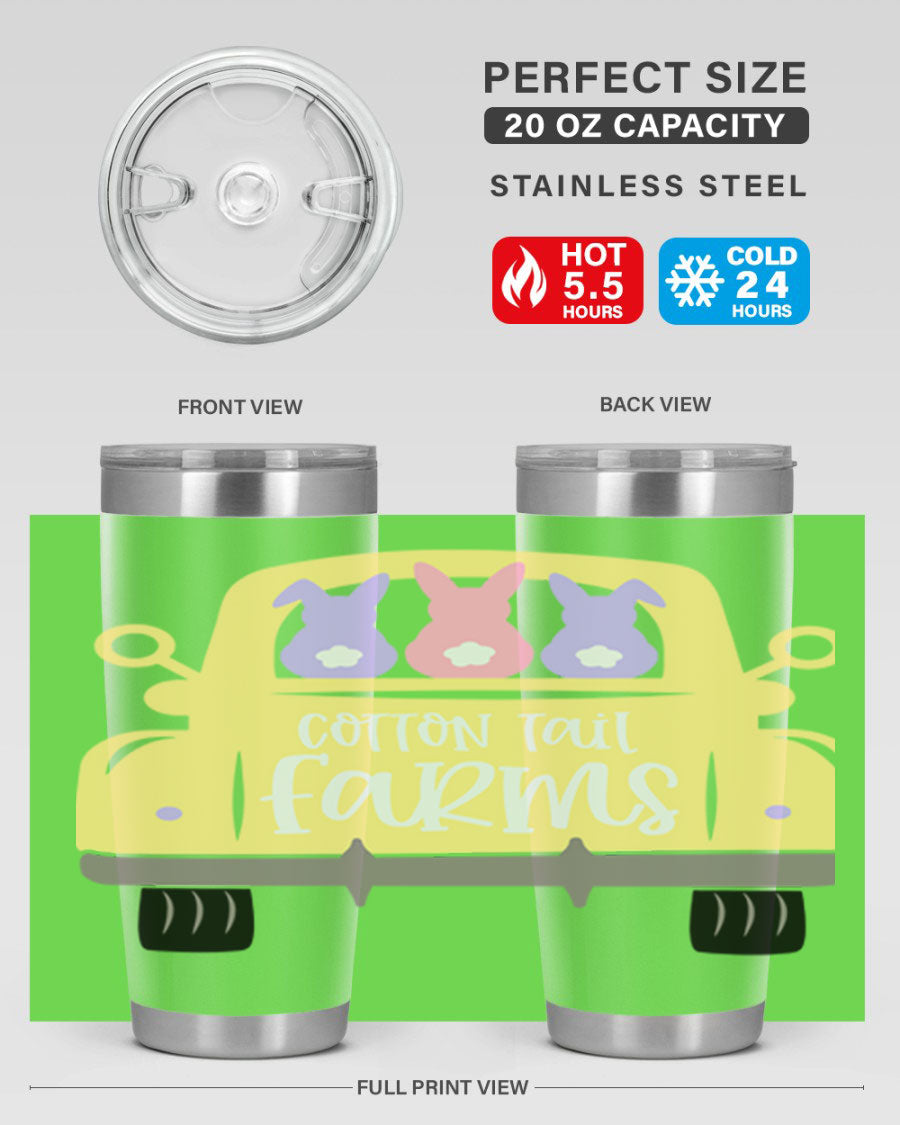 Cotton Tail Farms 20oz Easter Tumbler featuring double wall vacuum stainless steel construction and vibrant Easter-themed design.