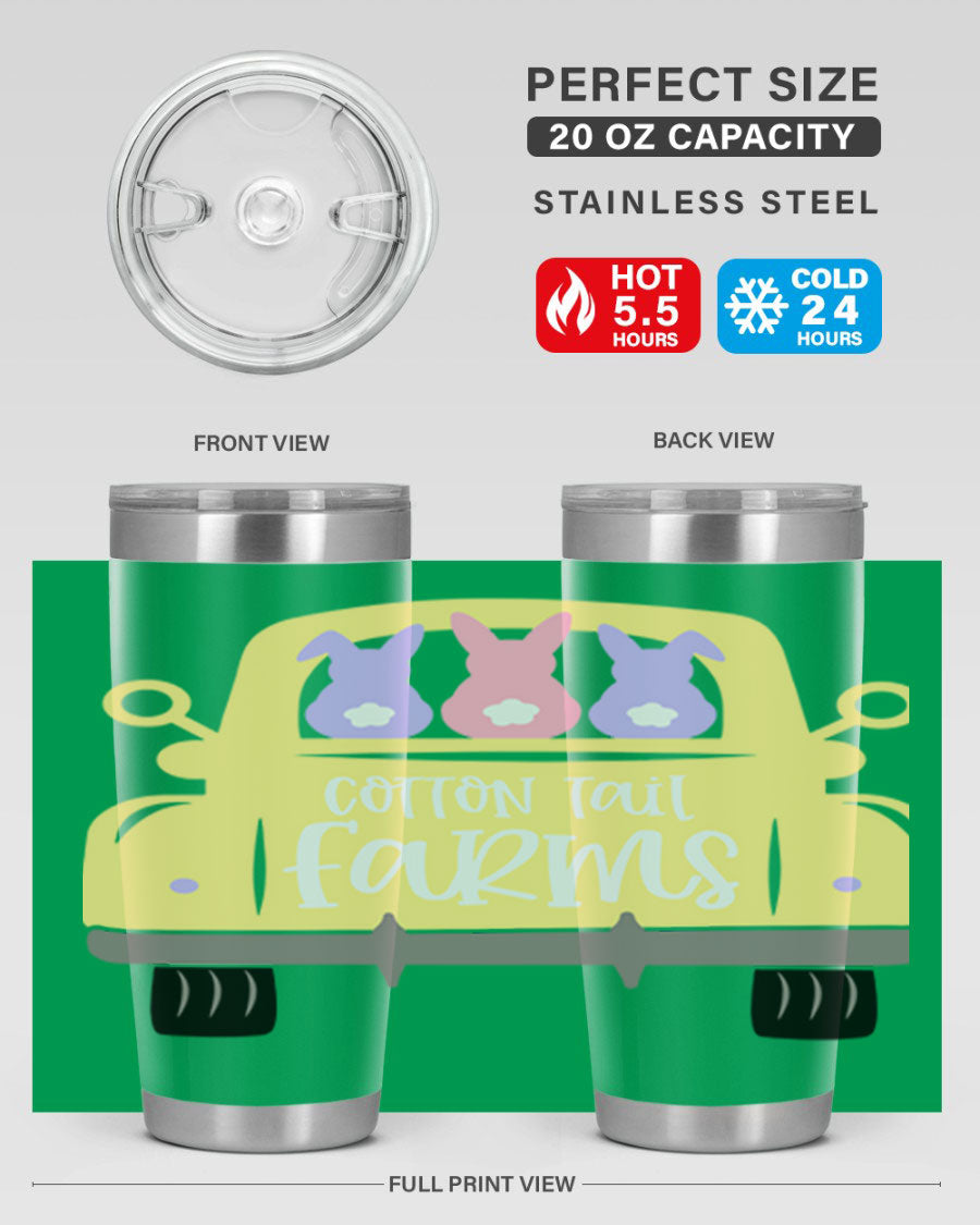 Cotton Tail Farms 20oz Easter Tumbler featuring double wall vacuum stainless steel construction and vibrant Easter-themed design.