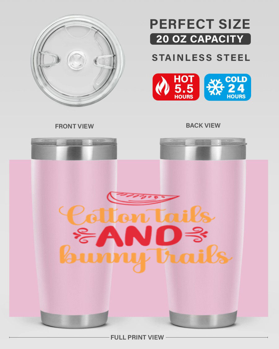 Cotton Tails and Bunny Trails 20oz Tumbler featuring double wall vacuum stainless steel design with a colorful spring-themed print.