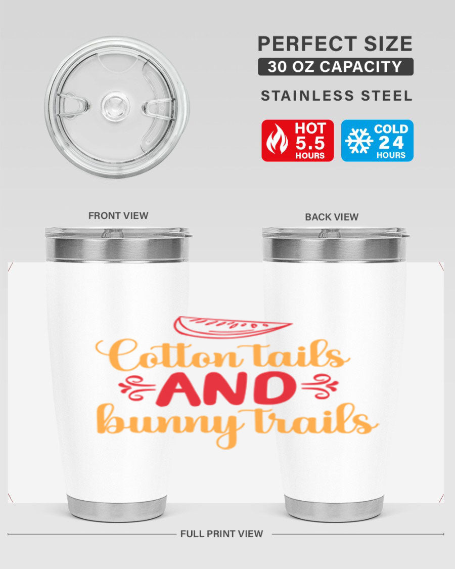Cotton Tails and Bunny Trails 20oz Tumbler featuring double wall vacuum stainless steel design with a colorful spring-themed print.