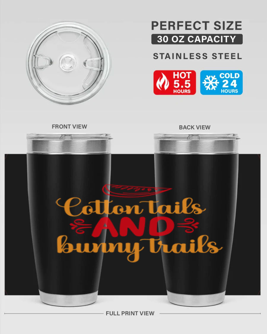 Cotton Tails and Bunny Trails 20oz Tumbler featuring double wall vacuum stainless steel design with a colorful spring-themed print.