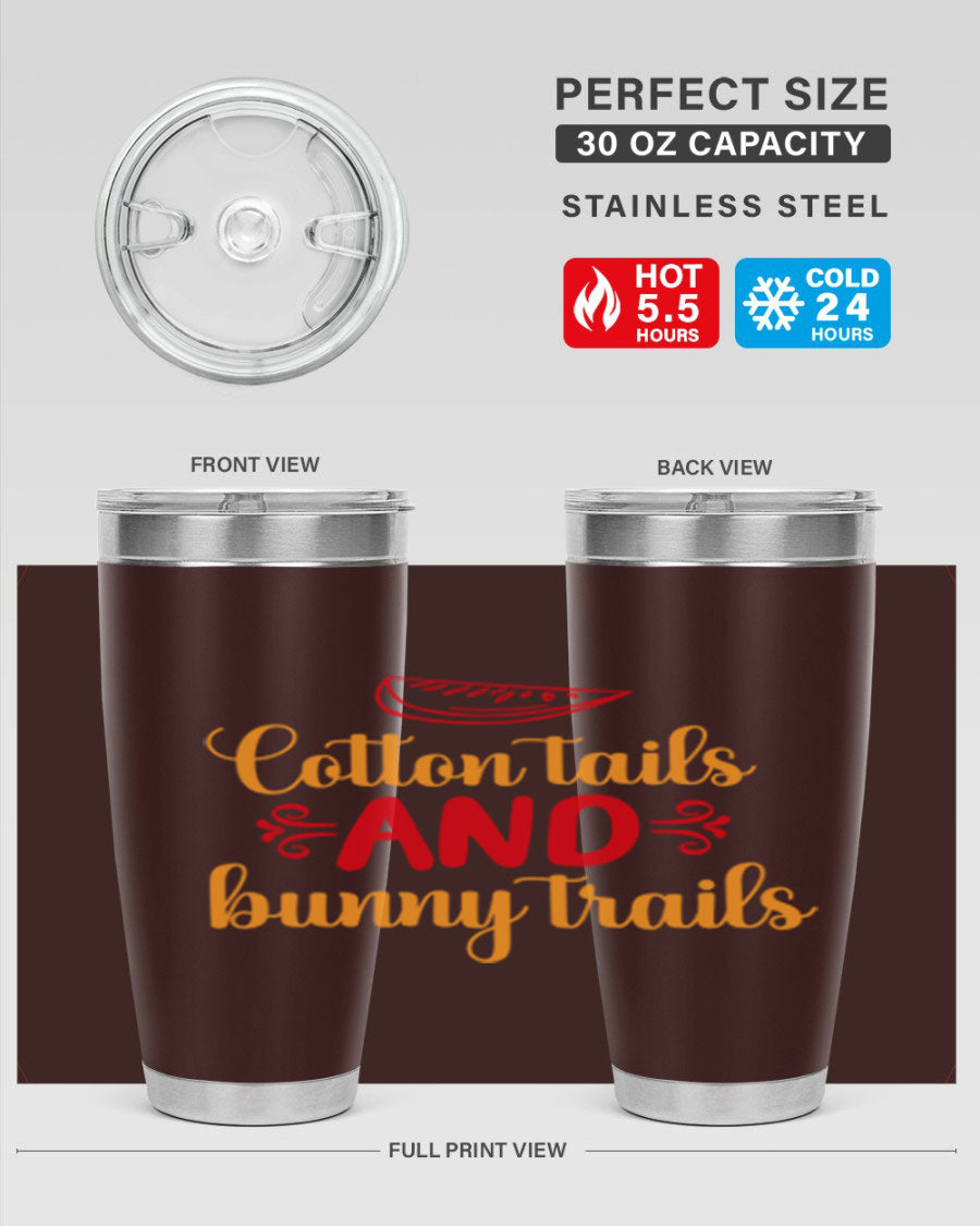 Cotton Tails and Bunny Trails 20oz Tumbler featuring double wall vacuum stainless steel design with a colorful spring-themed print.