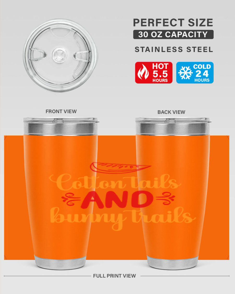 Cotton Tails and Bunny Trails 20oz Tumbler featuring double wall vacuum stainless steel design with a colorful spring-themed print.