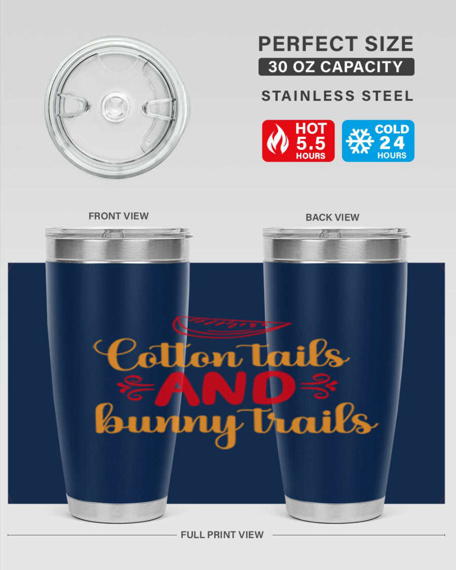 Cotton Tails and Bunny Trails 20oz Tumbler featuring double wall vacuum stainless steel design with a colorful spring-themed print.