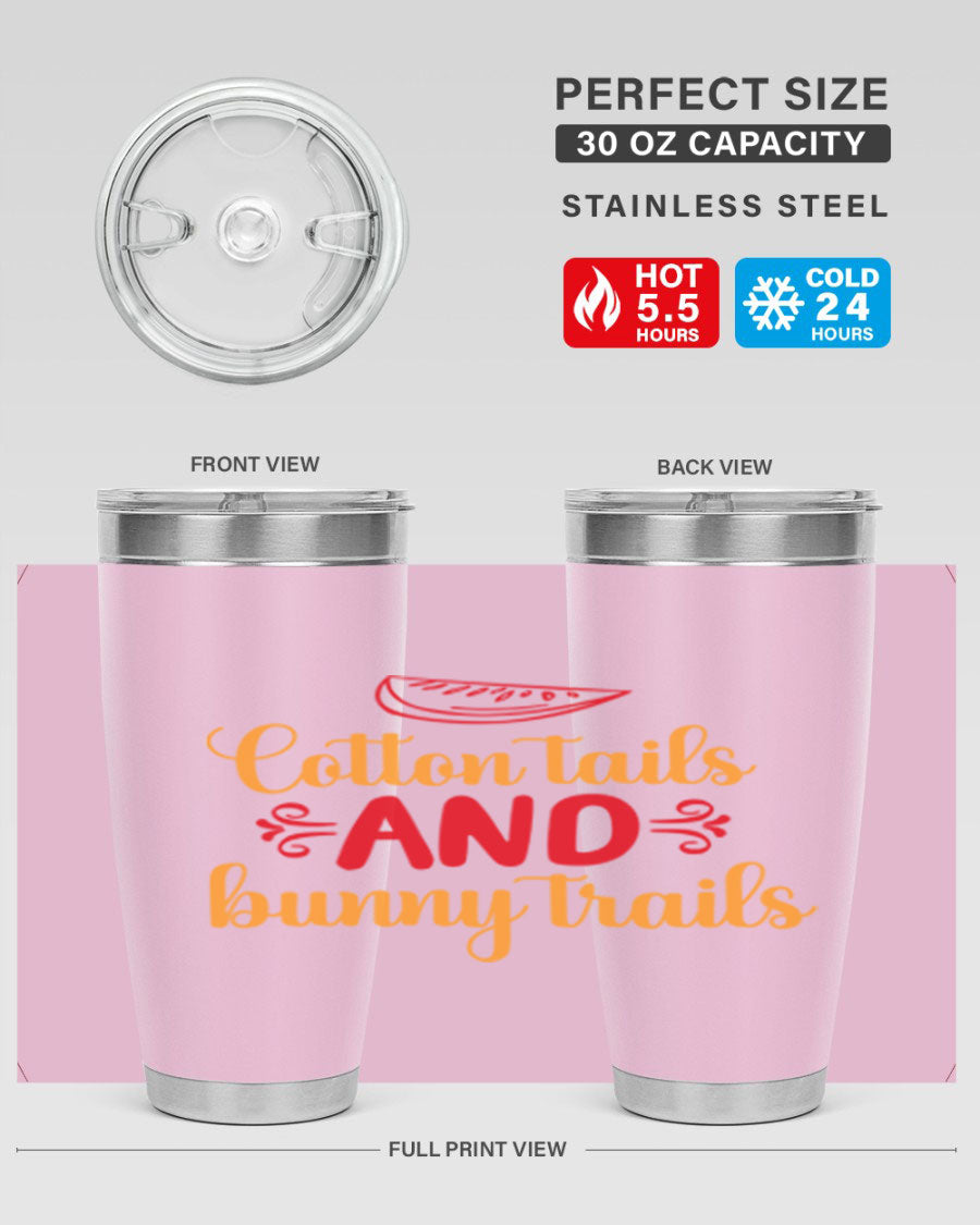 Cotton Tails and Bunny Trails 20oz Tumbler featuring double wall vacuum stainless steel design with a colorful spring-themed print.