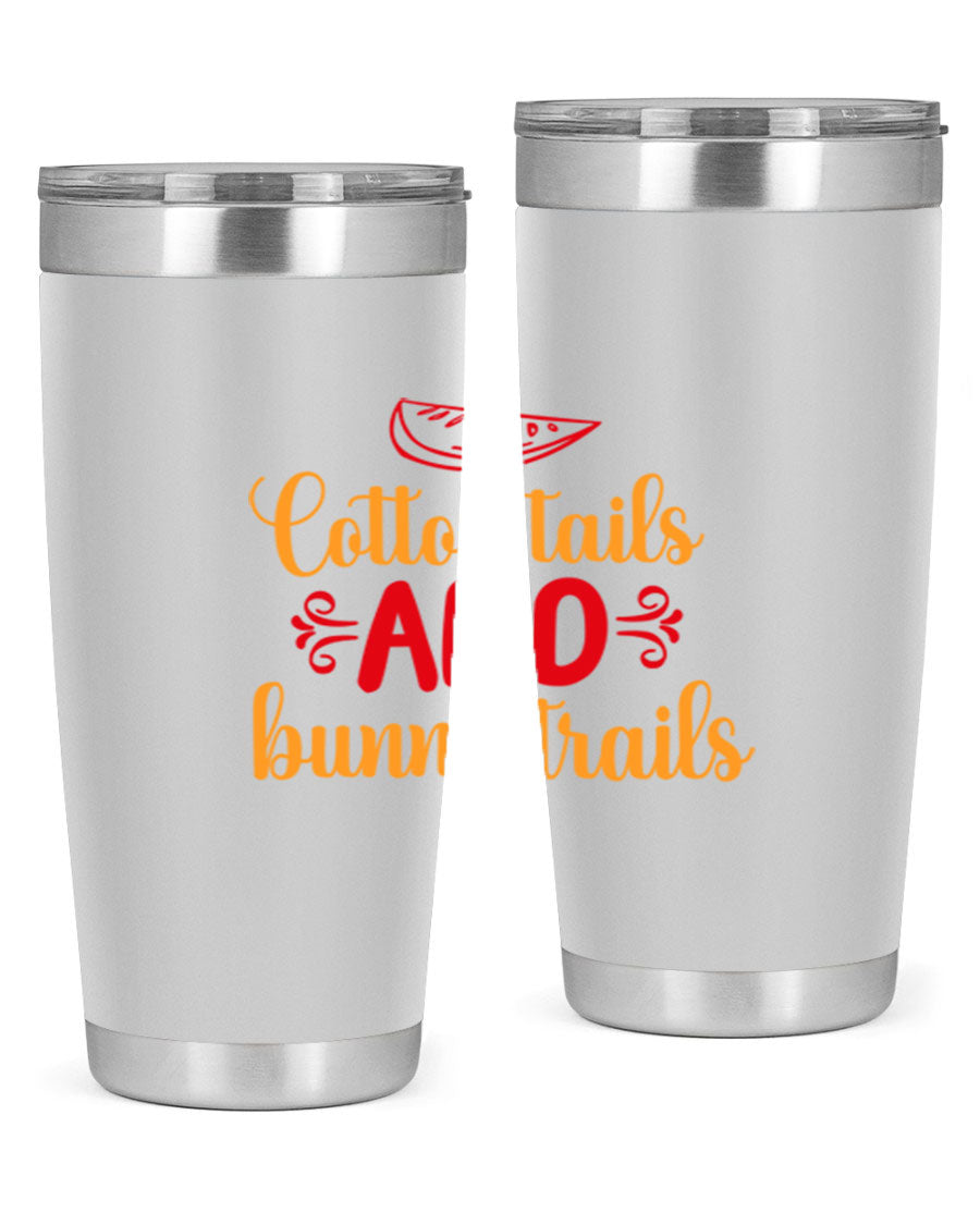 Cotton Tails and Bunny Trails 20oz Tumbler featuring double wall vacuum stainless steel design with a colorful spring-themed print.