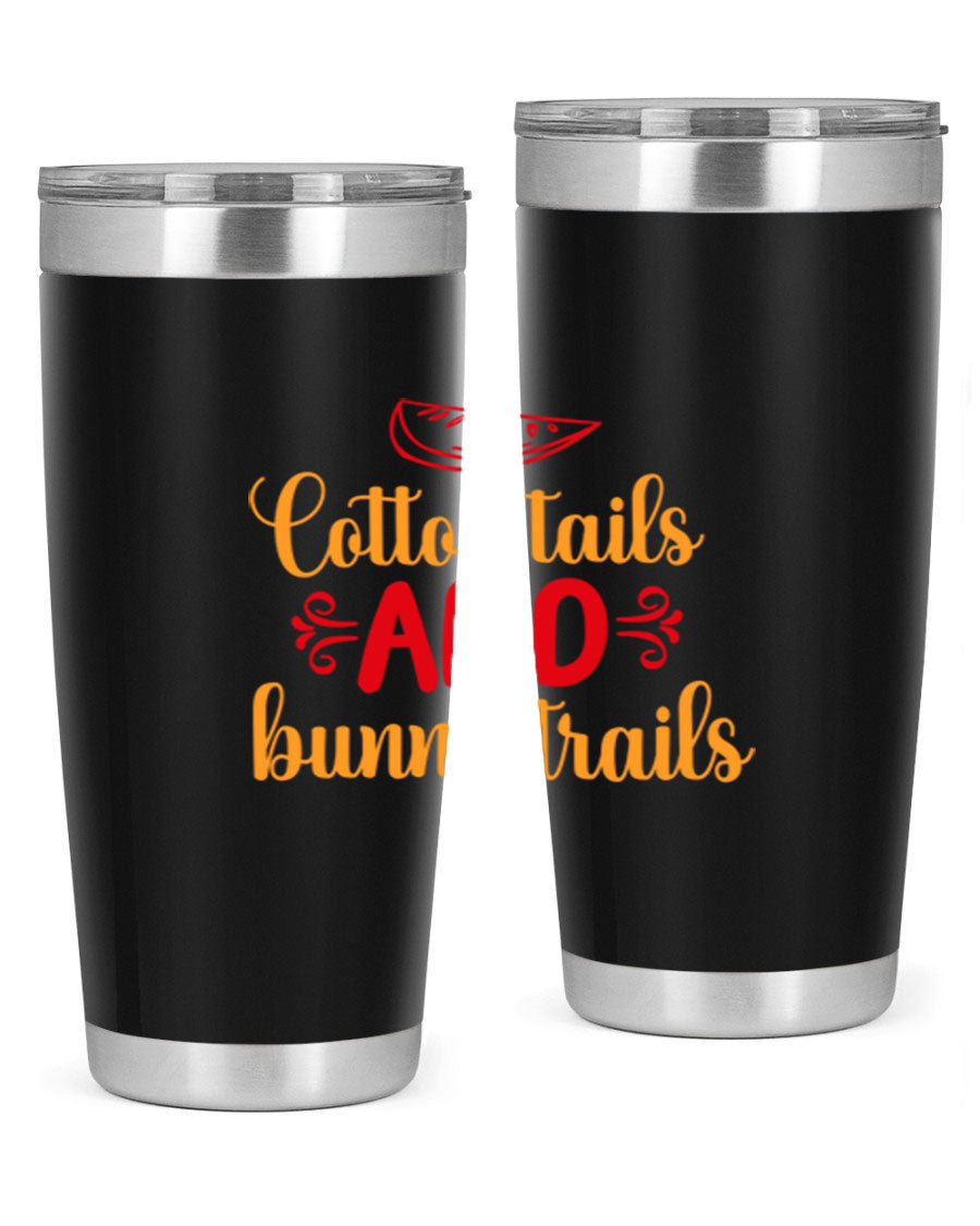 Cotton Tails and Bunny Trails 20oz Tumbler featuring double wall vacuum stainless steel design with a colorful spring-themed print.