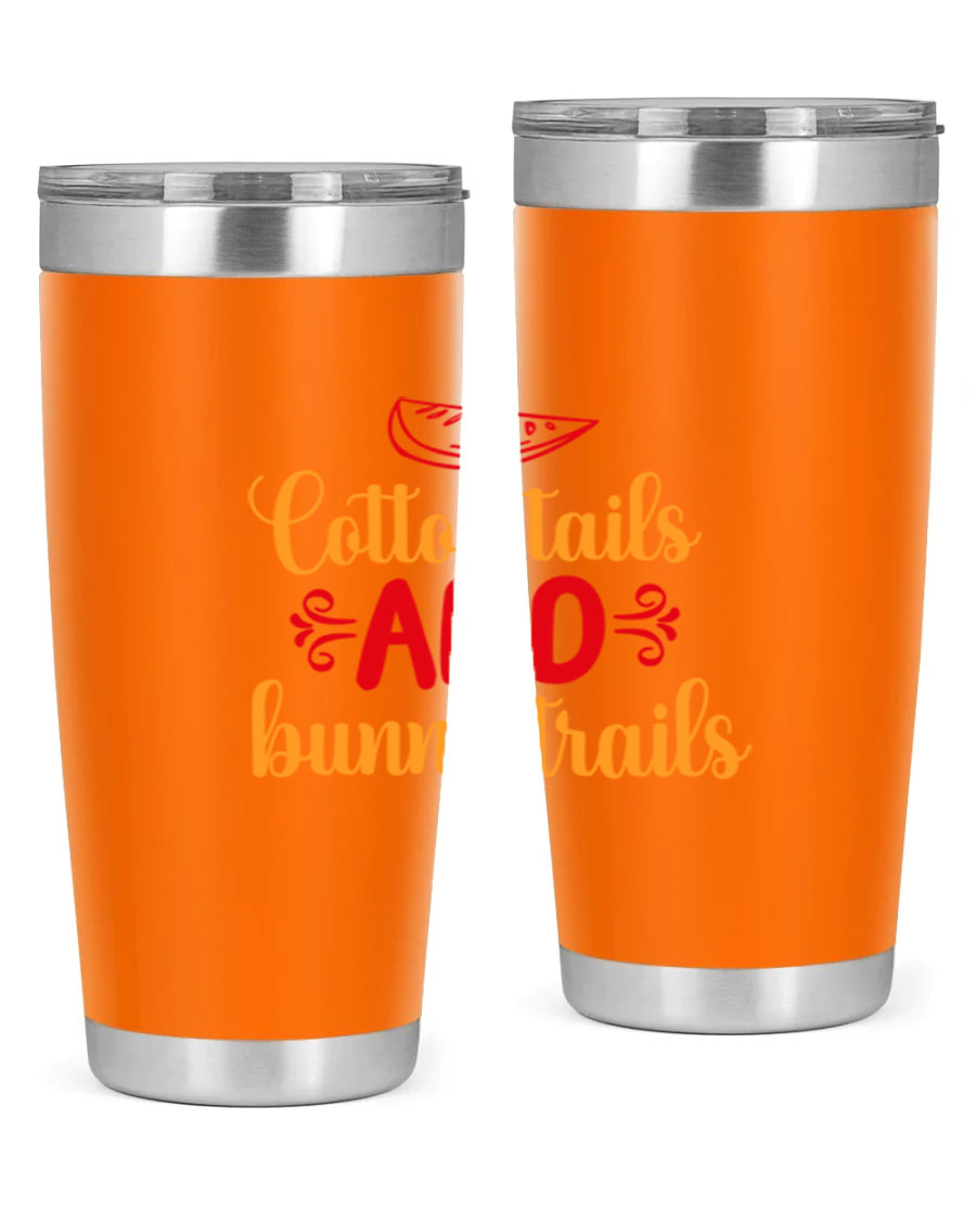 Cotton Tails and Bunny Trails 20oz Tumbler featuring double wall vacuum stainless steel design with a colorful spring-themed print.