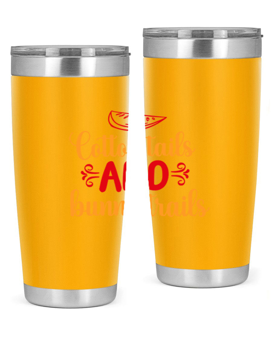 Cotton Tails and Bunny Trails 20oz Tumbler featuring double wall vacuum stainless steel design with a colorful spring-themed print.