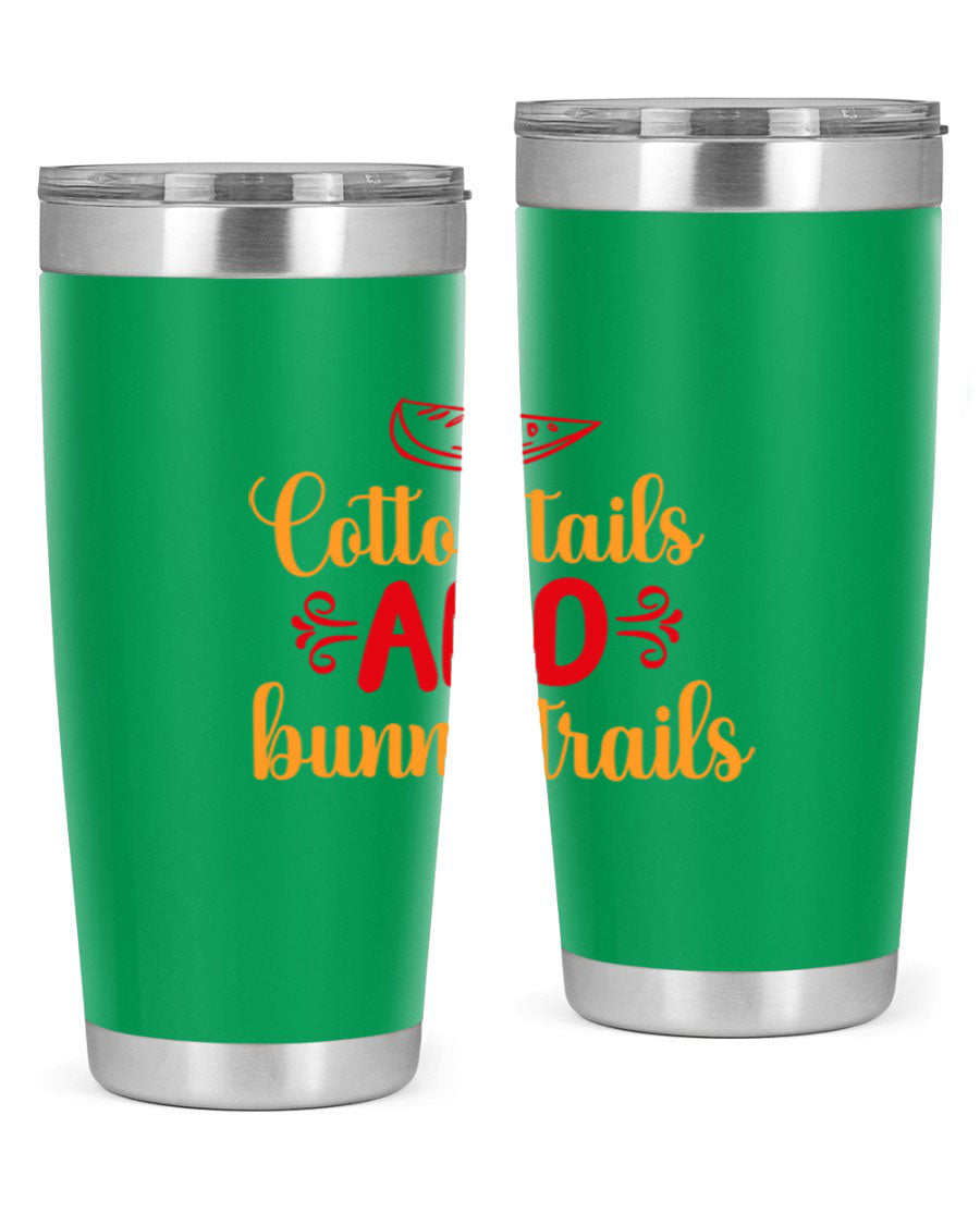 Cotton Tails and Bunny Trails 20oz Tumbler featuring double wall vacuum stainless steel design with a colorful spring-themed print.