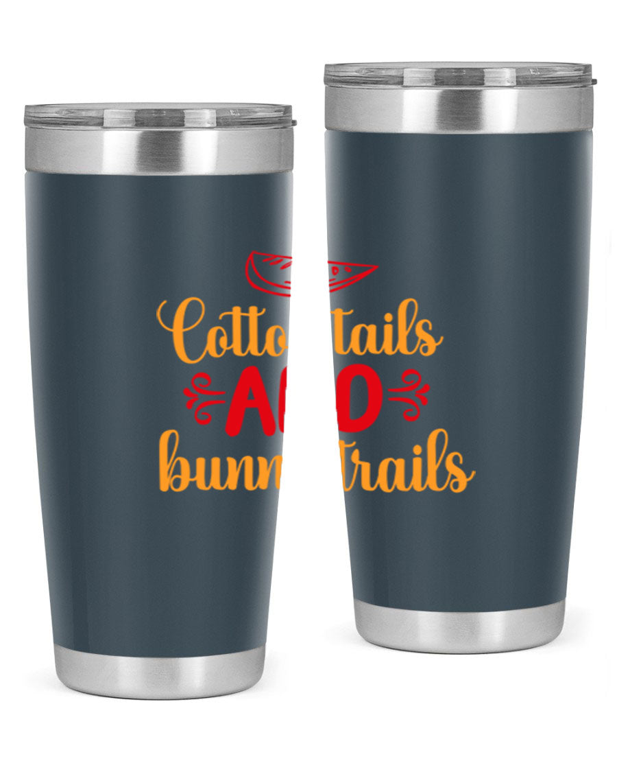 Cotton Tails and Bunny Trails 20oz Tumbler featuring double wall vacuum stainless steel design with a colorful spring-themed print.