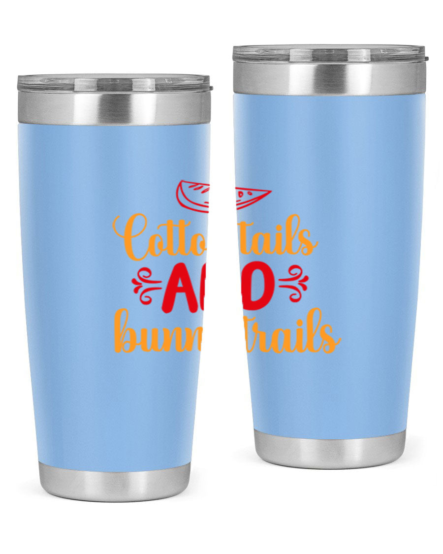 Cotton Tails and Bunny Trails 20oz Tumbler featuring double wall vacuum stainless steel design with a colorful spring-themed print.