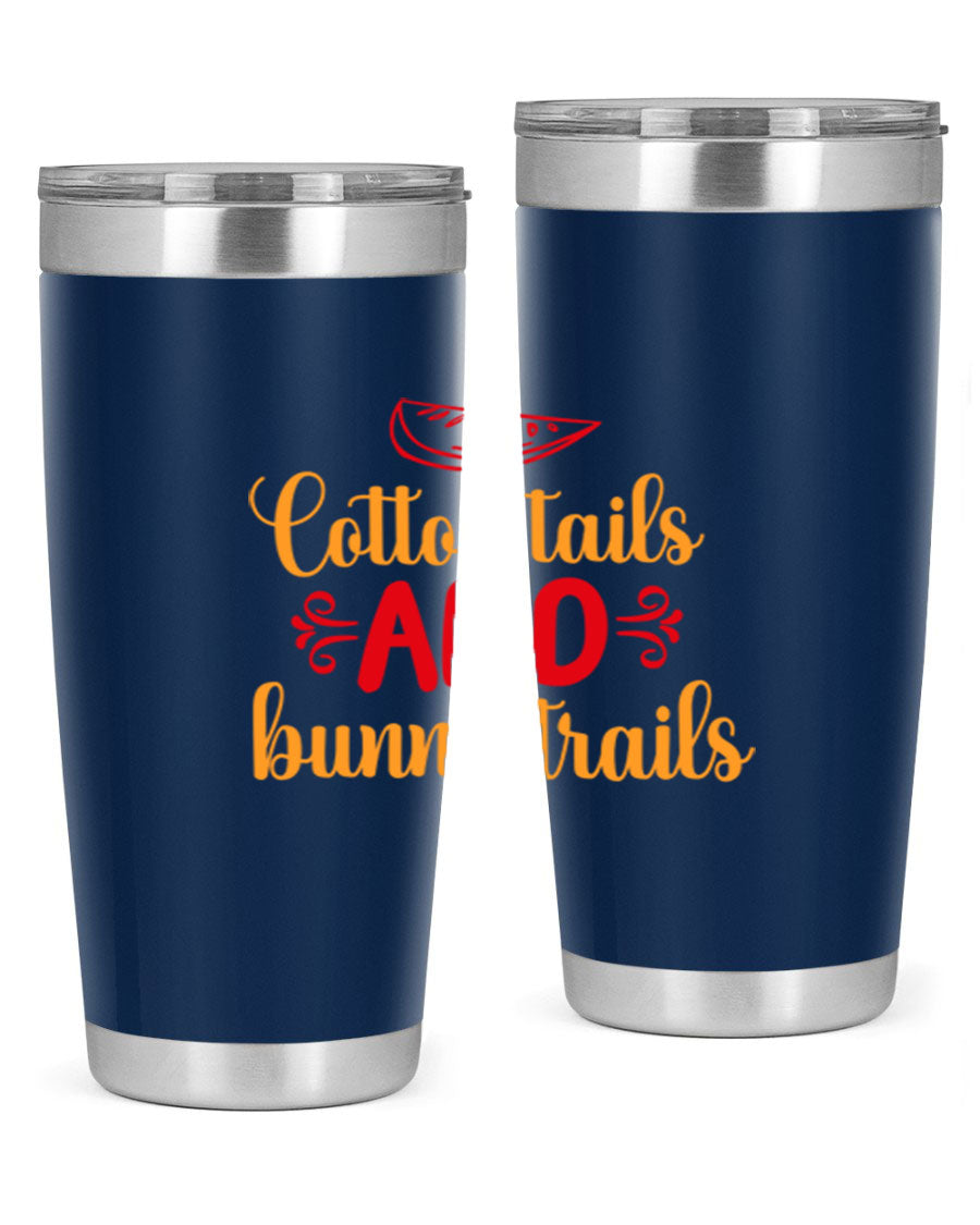 Cotton Tails and Bunny Trails 20oz Tumbler featuring double wall vacuum stainless steel design with a colorful spring-themed print.