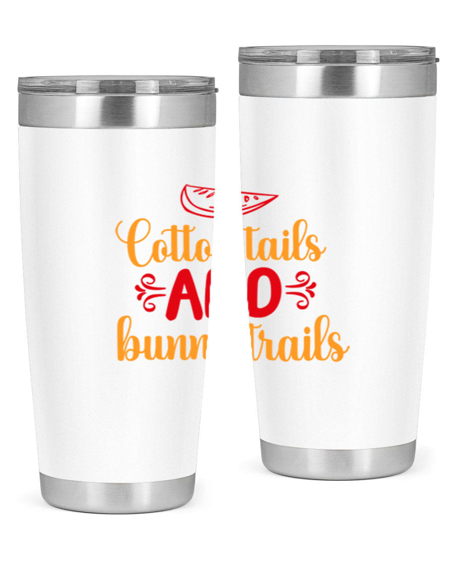 Cotton Tails and Bunny Trails 20oz Tumbler featuring double wall vacuum stainless steel design with a colorful spring-themed print.