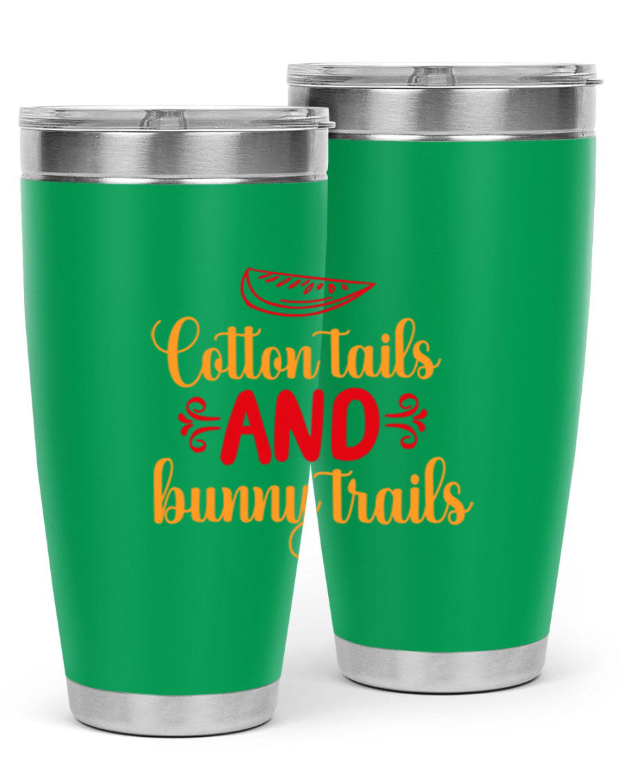 Cotton Tails and Bunny Trails 20oz Tumbler featuring double wall vacuum stainless steel design with a colorful spring-themed print.