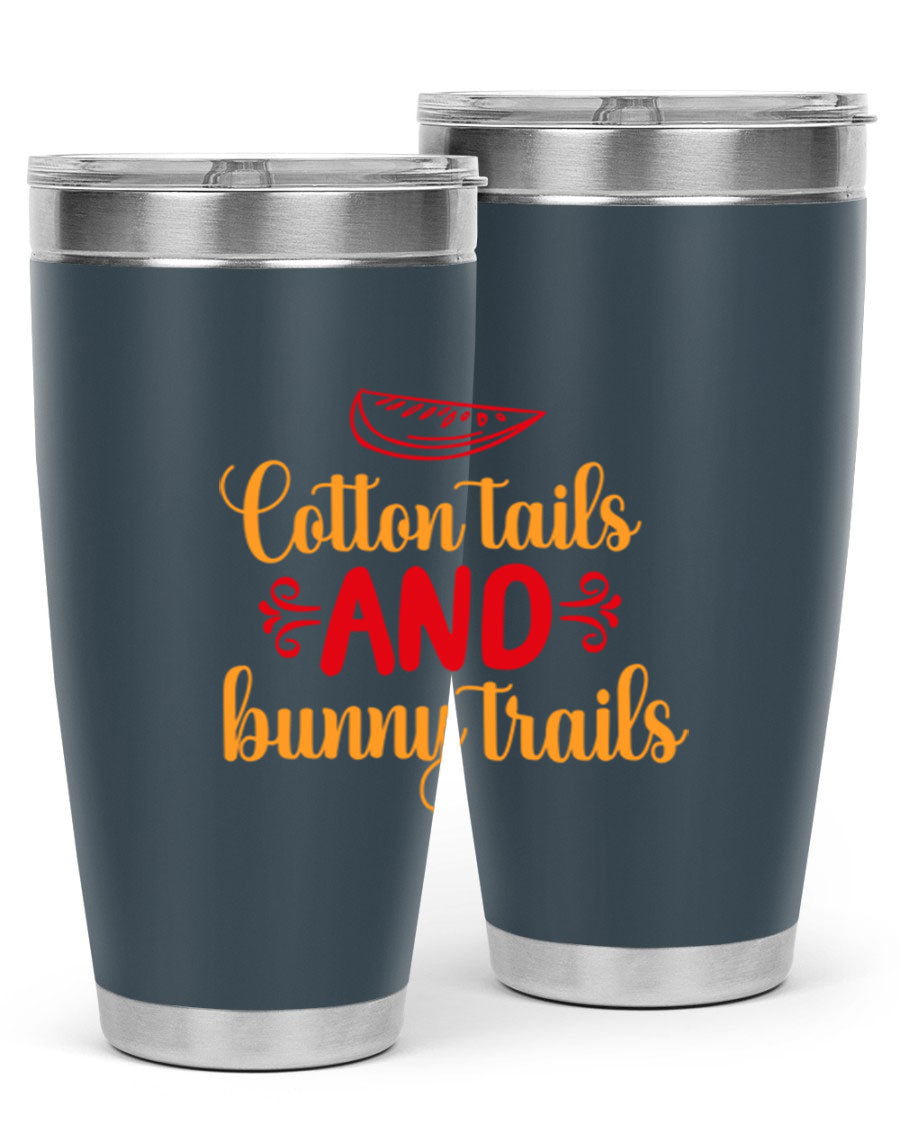 Cotton Tails and Bunny Trails 20oz Tumbler featuring double wall vacuum stainless steel design with a colorful spring-themed print.