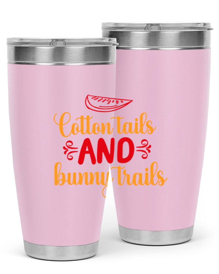 Cotton Tails and Bunny Trails 20oz Tumbler featuring double wall vacuum stainless steel design with a colorful spring-themed print.