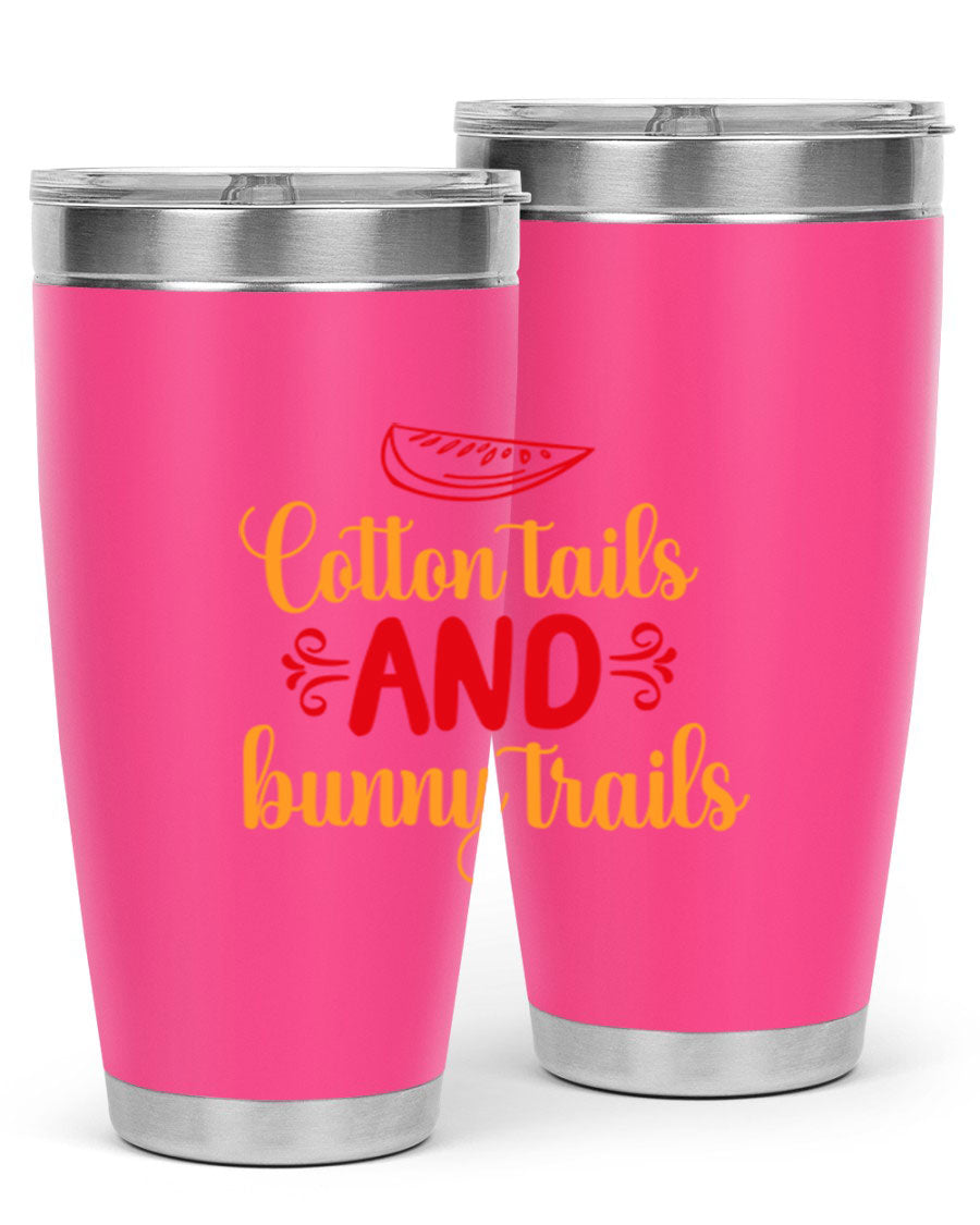 Cotton Tails and Bunny Trails 20oz Tumbler featuring double wall vacuum stainless steel design with a colorful spring-themed print.