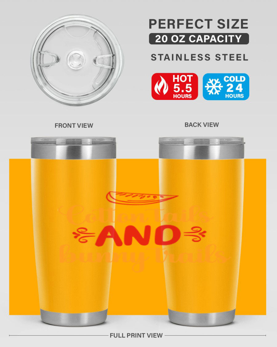 Cotton Tails and Bunny Trails 20oz Tumbler featuring double wall vacuum stainless steel design with a colorful spring-themed print.