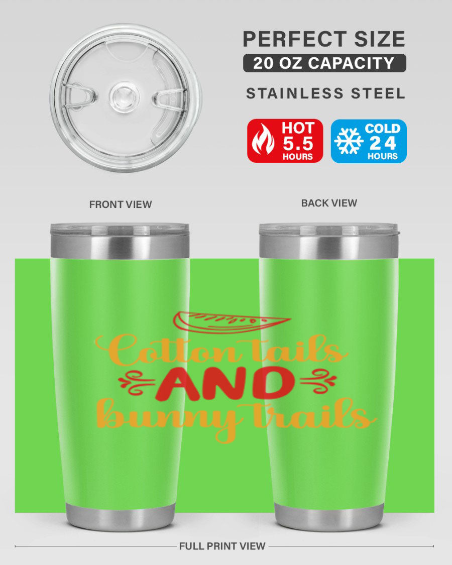 Cotton Tails and Bunny Trails 20oz Tumbler featuring double wall vacuum stainless steel design with a colorful spring-themed print.