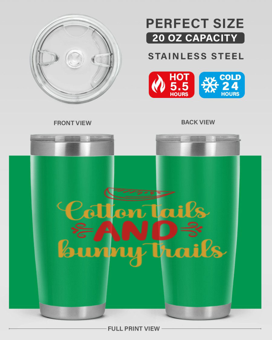 Cotton Tails and Bunny Trails 20oz Tumbler featuring double wall vacuum stainless steel design with a colorful spring-themed print.
