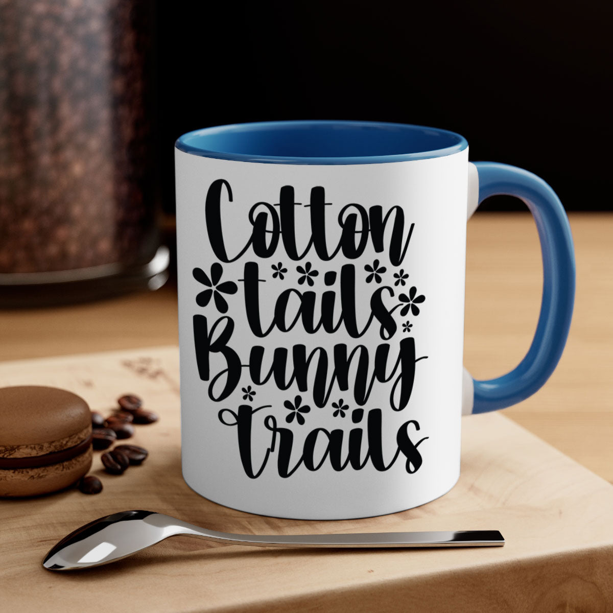 Cotton Tails Bunny Trails Mug with colorful handle and glossy finish, perfect for coffee or tea.