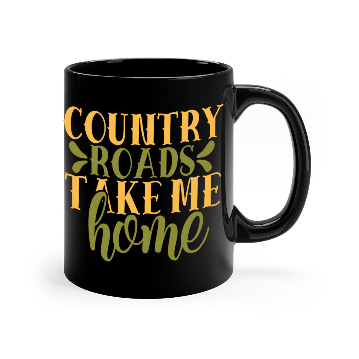 Country Roads Take Me Home Mug with colorful handle and interior, showcasing a glossy finish.