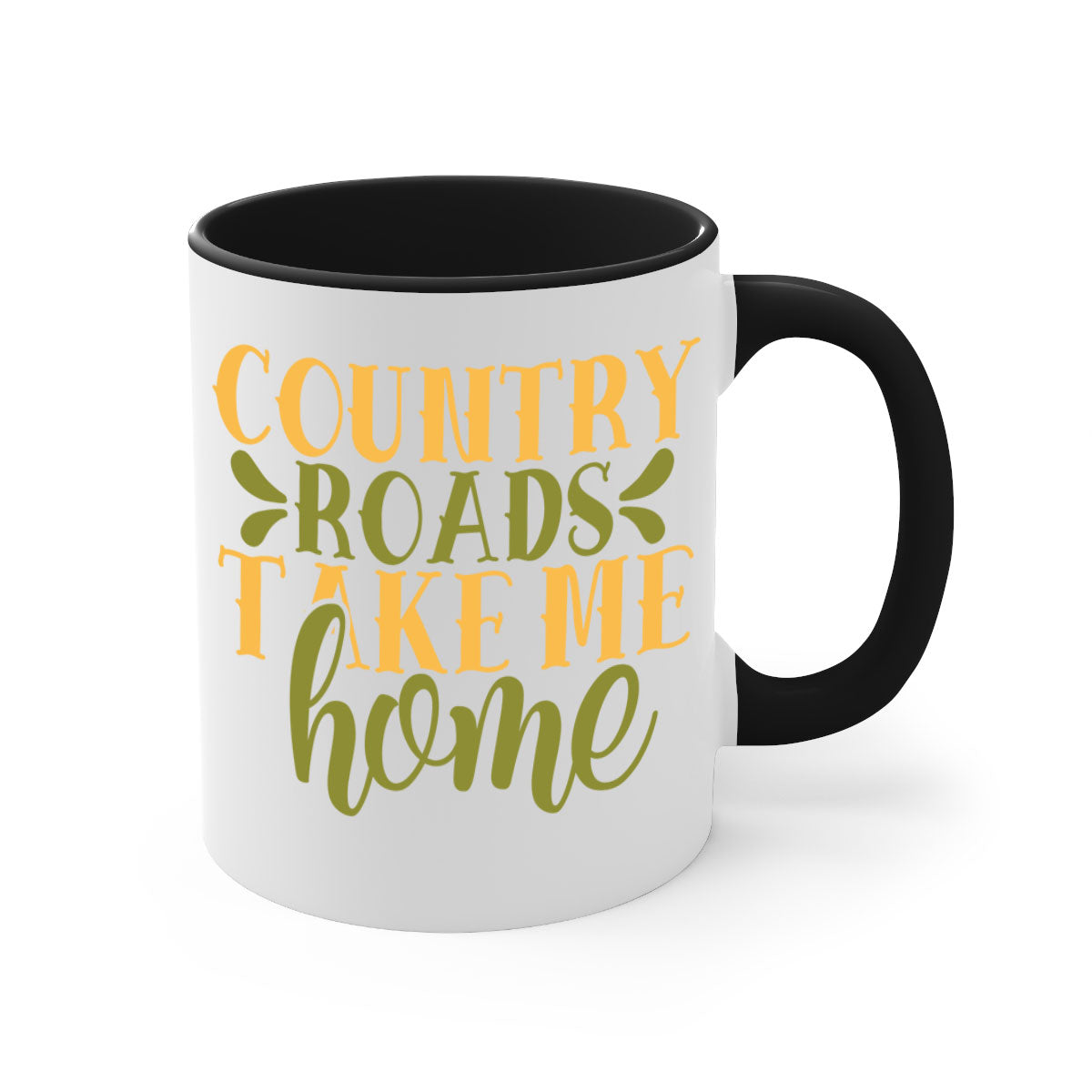 Country Roads Take Me Home Mug with colorful handle and interior, showcasing a glossy finish.